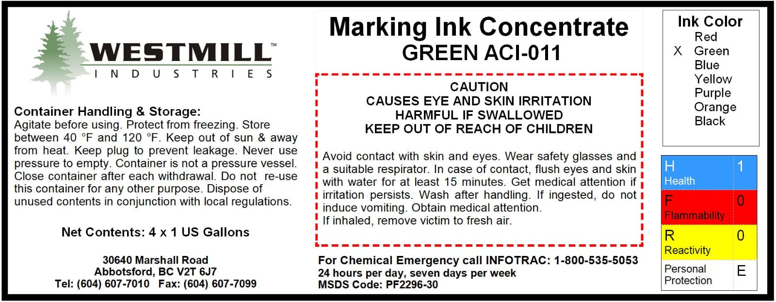 ACI-011 - Ink, Marking, Green, 4 x 1-Gallon