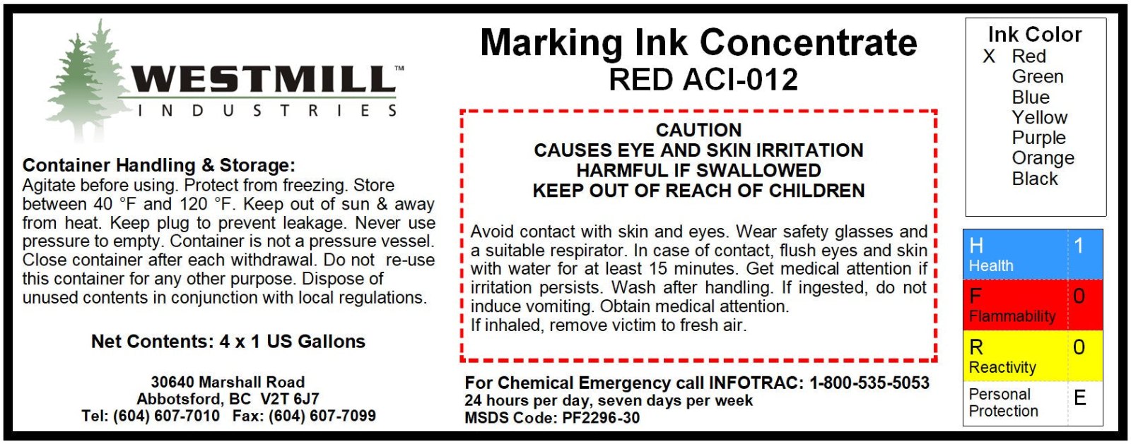 ACI-012 - Ink, Marking, Red, 4 x 1-Gallon